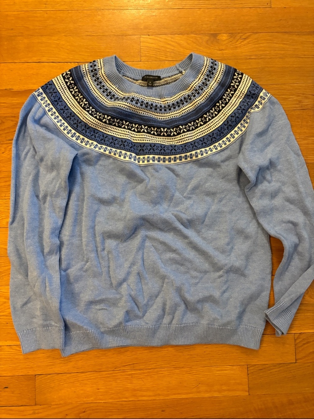 Talbots Light Blue Crewneck Sweater with Navy & White Fair Isle Yoke